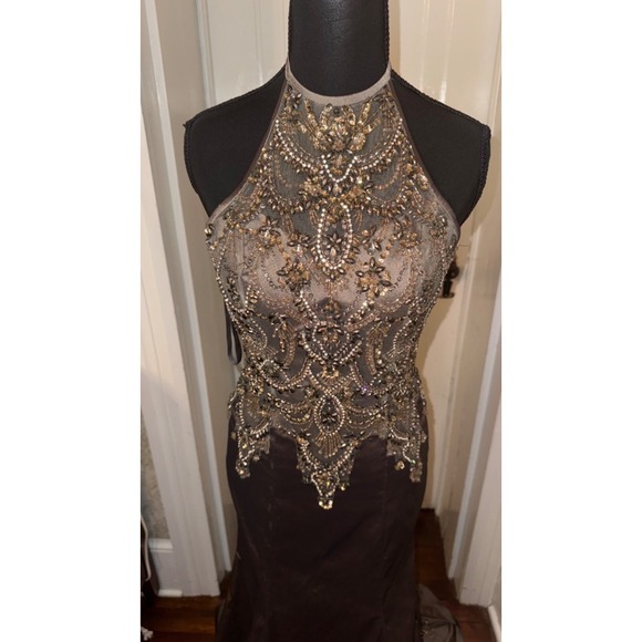 Morilee Madeline Gardner Taupe Formal Beaded Gown Halter Dress Sz 6 Black Tie - Picture 3 of 16